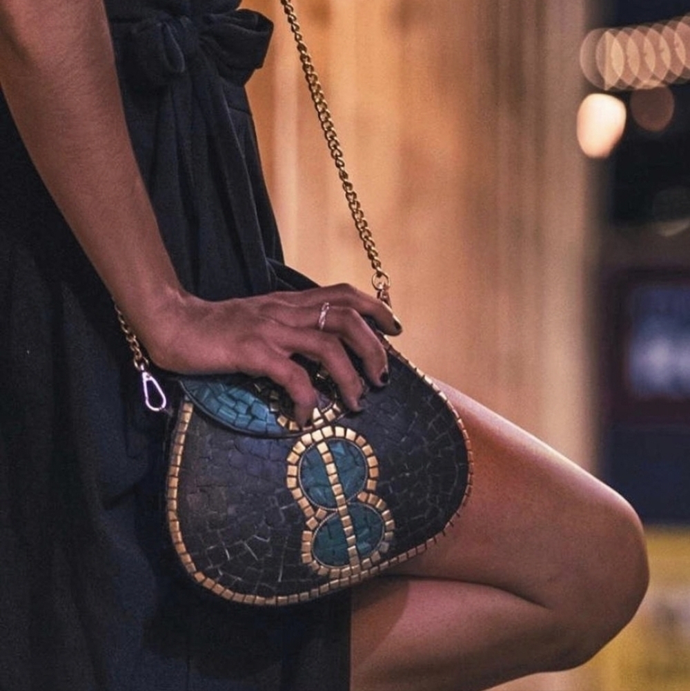 NWOT RAMLA Official Handmade Moroccan Mosaic Tile Porte-Moi Bag-Black/Green